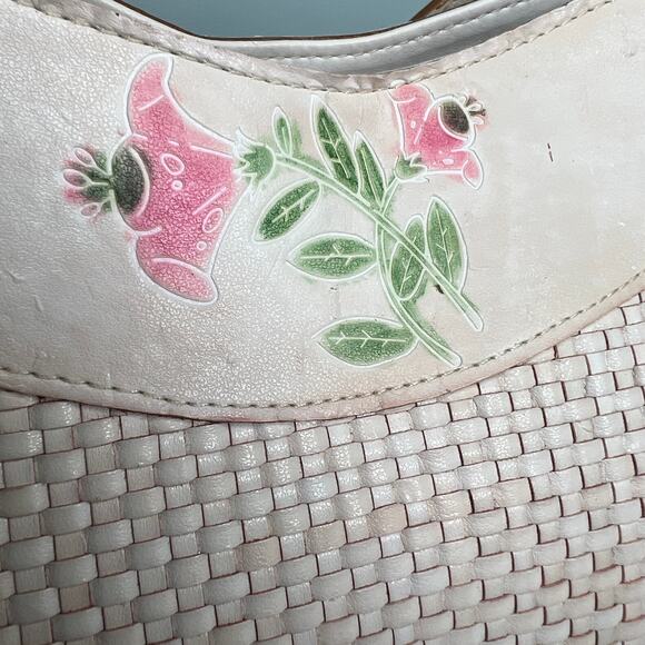 Cee Klein Purse Ivory Leather Basketweave Shoulder Bag Embossed Pink Roses - Picture 8 of 13